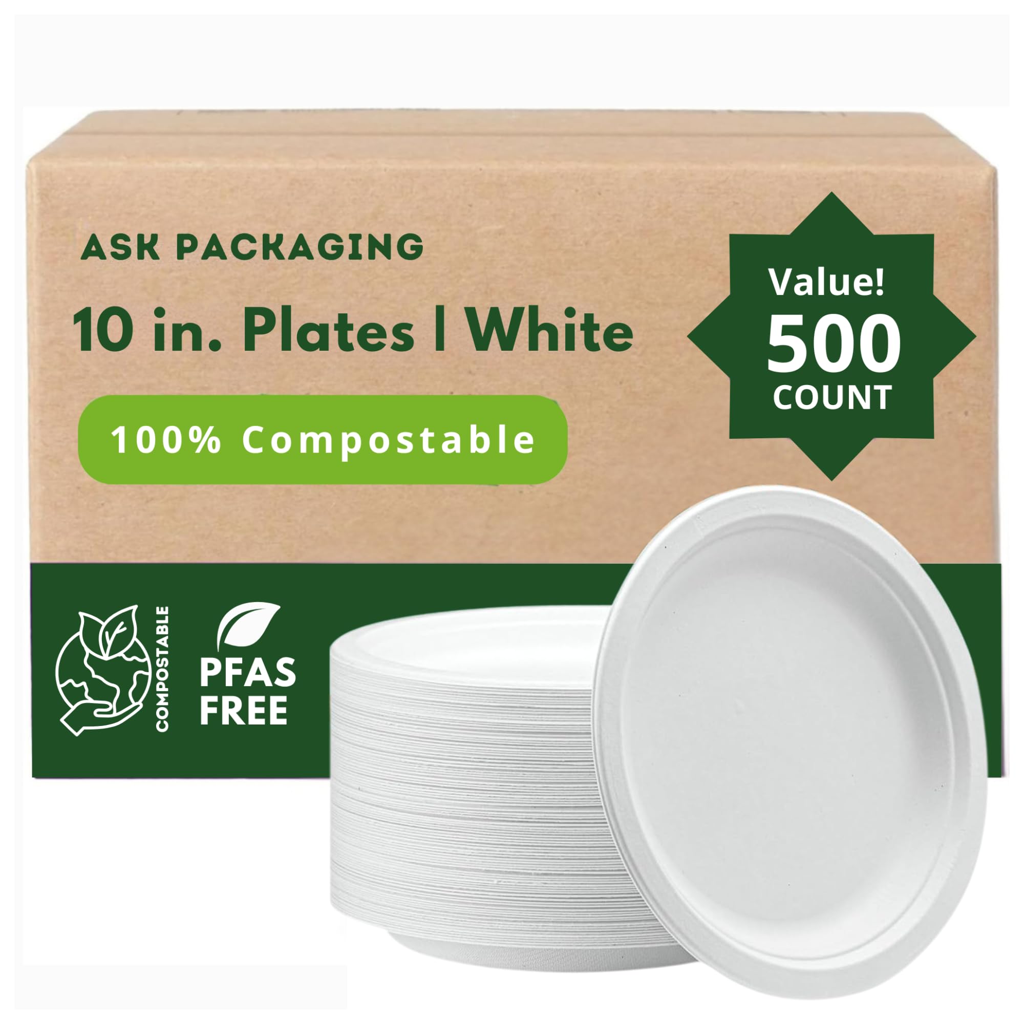Paper Plates 10 Inch [500 Count] – 100% Compostable Bagasse Plates | Heavy Duty White Sugarcane Plate, Eco-Friendly, Biodegradable, Plastic-Free Disposable Plate for Parties, Catering & Events