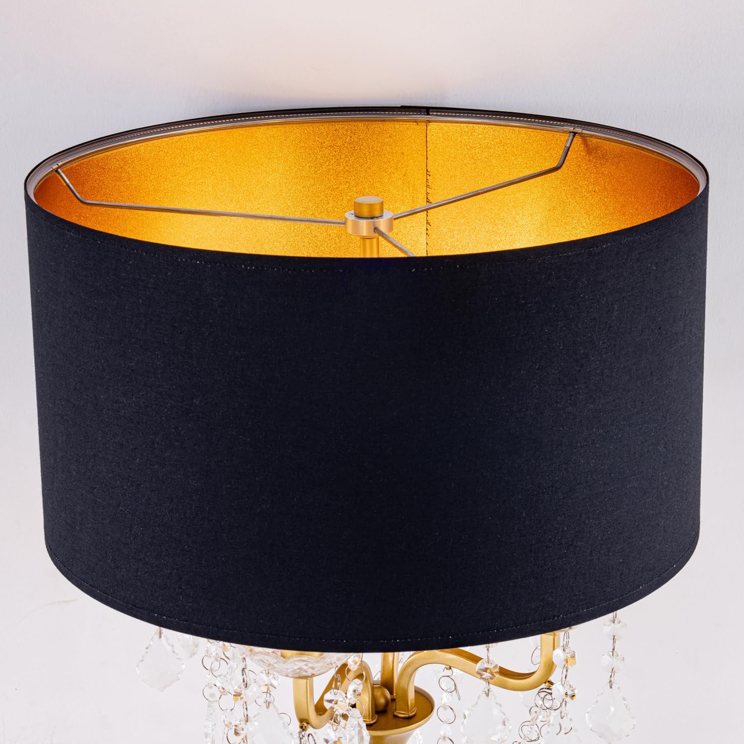 Wellmet Drum Shade Gold Crystal Table Lamp, 4 Light Black Gold Shade, Candle Base for Living Room, Bedroom, Reading Room, Hallway, Corridor