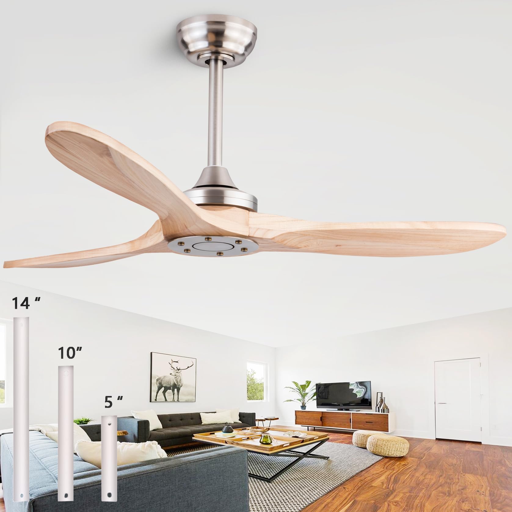 42" Wood Ceiling Fan No Lights with Remote Control?Wooden 3 Blades Ceiling Fans Without Light for Patio,Garage,Living Room,Bedroom,Office,Indoor/Outdoor(Nickel+Raw wood)
