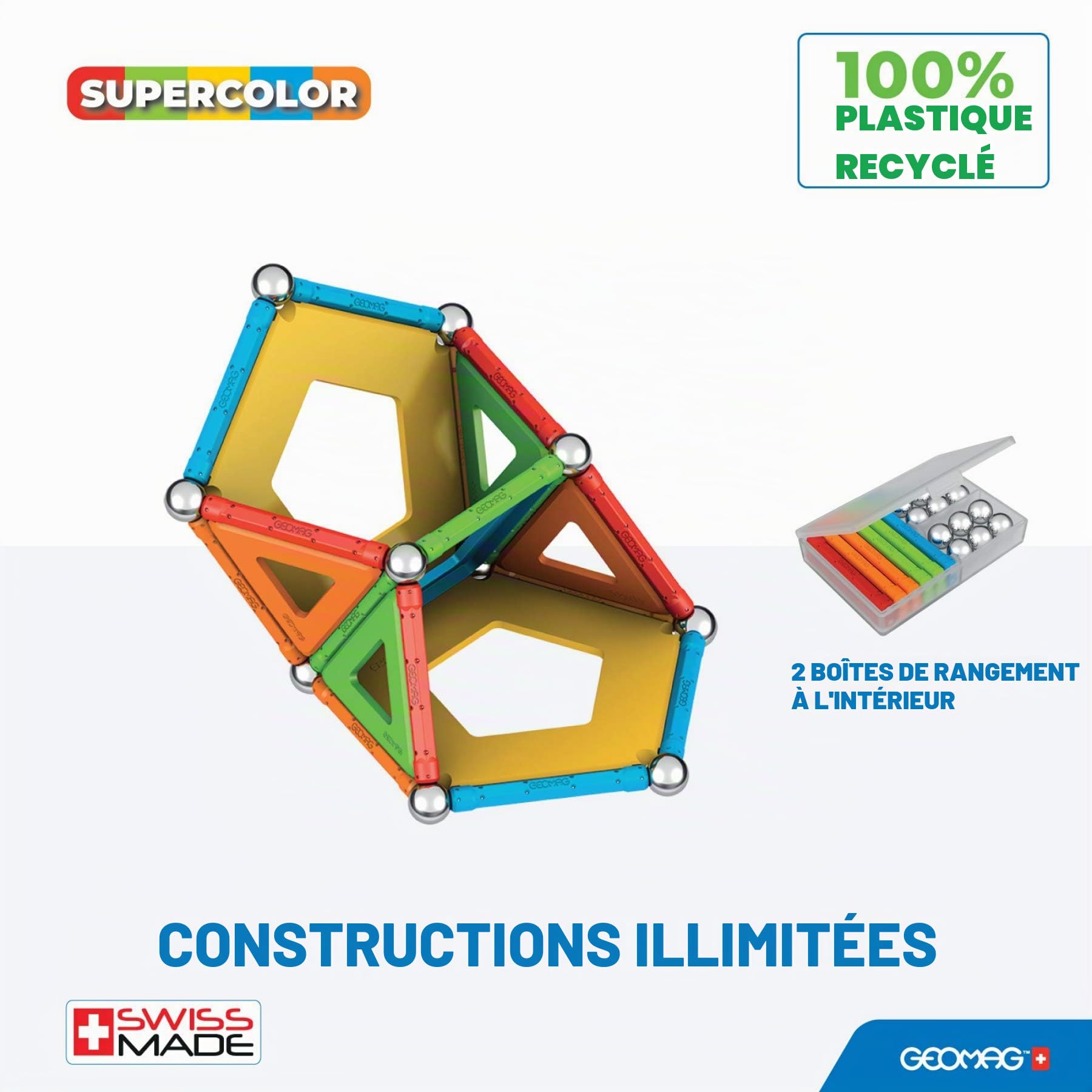 Geomag - Supercolor Blocs de Constructions Magnétiques pour Enfants, Jeu et Jouet en Forme de Cube, Green Collection 100% Plastique Recyclé, 52 pièces