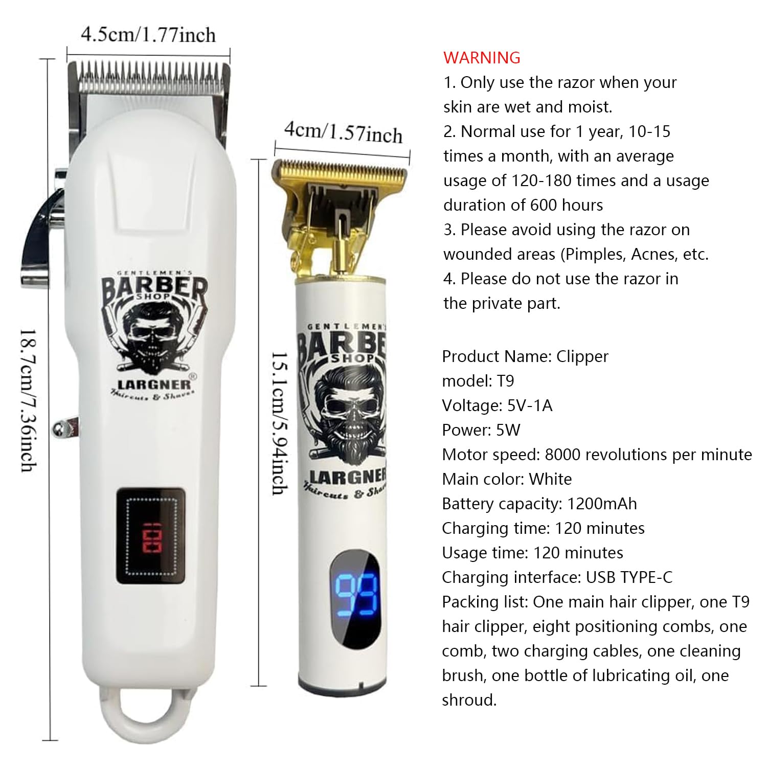 Tondeuse à cheveux professionnelle pour homme – Ensemble tondeuse électrique sans fil rechargeable à lame en T, tondeuse à cheveux de barbier pour homme