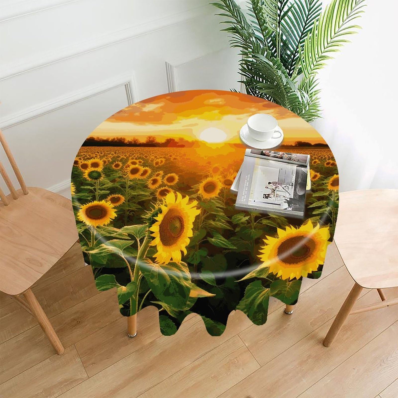 FekiLoot Sunflower Field Sunset Round Tablecloth Cover 60 Inch Wrinkle Free Washable Polyester Fabric Table Cover Decorative Round Table Cloth for Home Dining Kitchen Party Farmhouse