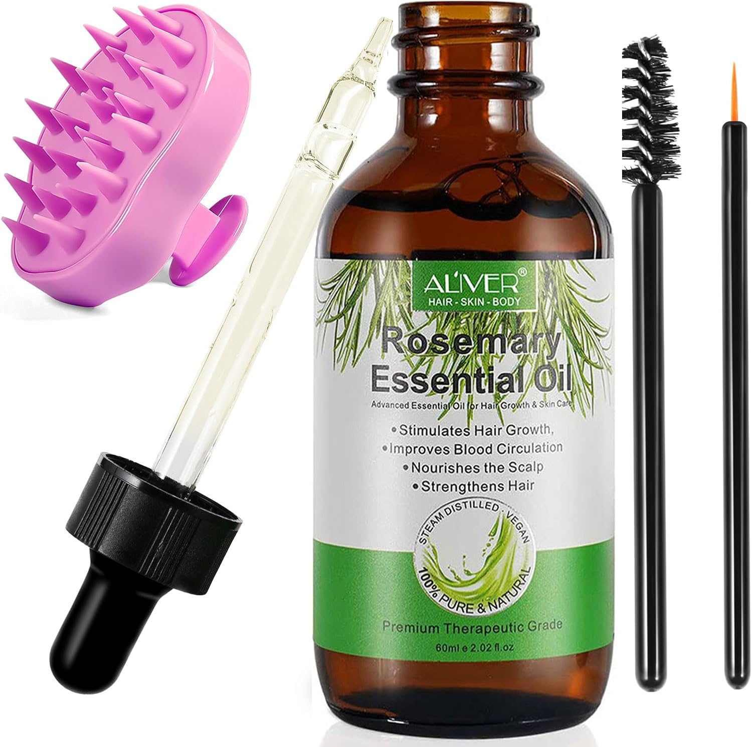 Rosemary Oil for Hair&Skin with Scalp Massager, 60ml Multipurpose Organic Rosemary Essential Hair Serum Oil Nourish Scalp Face Body Nails for Women Men