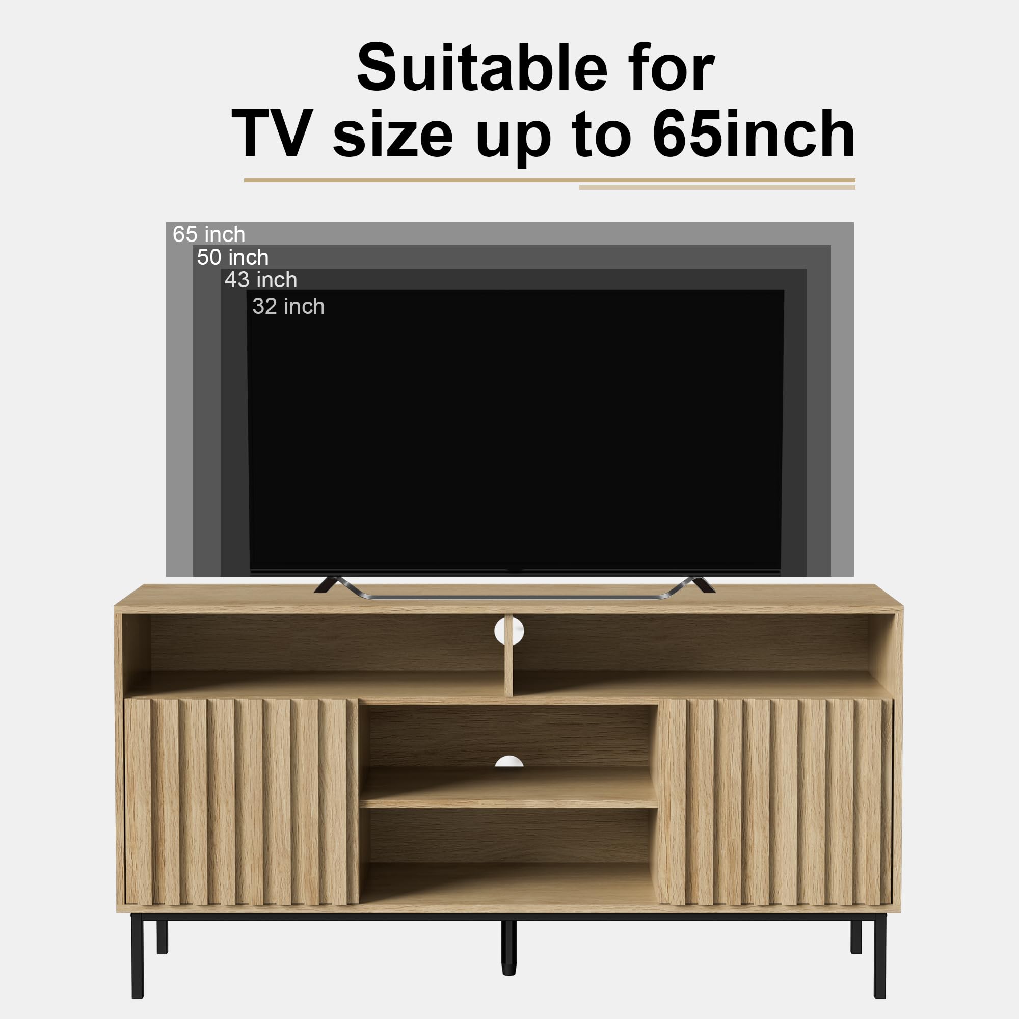 Okvnbjk Black TV Stand, Modern TV Consoles For Living Room 65 Inch TV, Fluted Panel Media Console With Sliding Doors & Ajustable Shelves, Entertainment Stand With Storage Cabinets