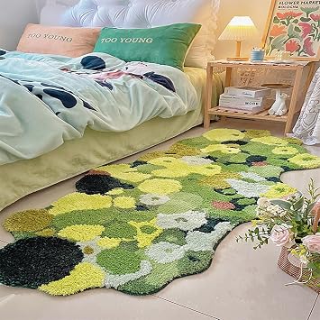Moss Rug Green Grass Shag Bathroom Rug 3D Stereo Shaggy Irregular Rug Non Slip Washable Absorbent Indoor Shower Mat Doormat for Bedroom Bedside Living Room Home Aesthetic Decor 100 * 240cm