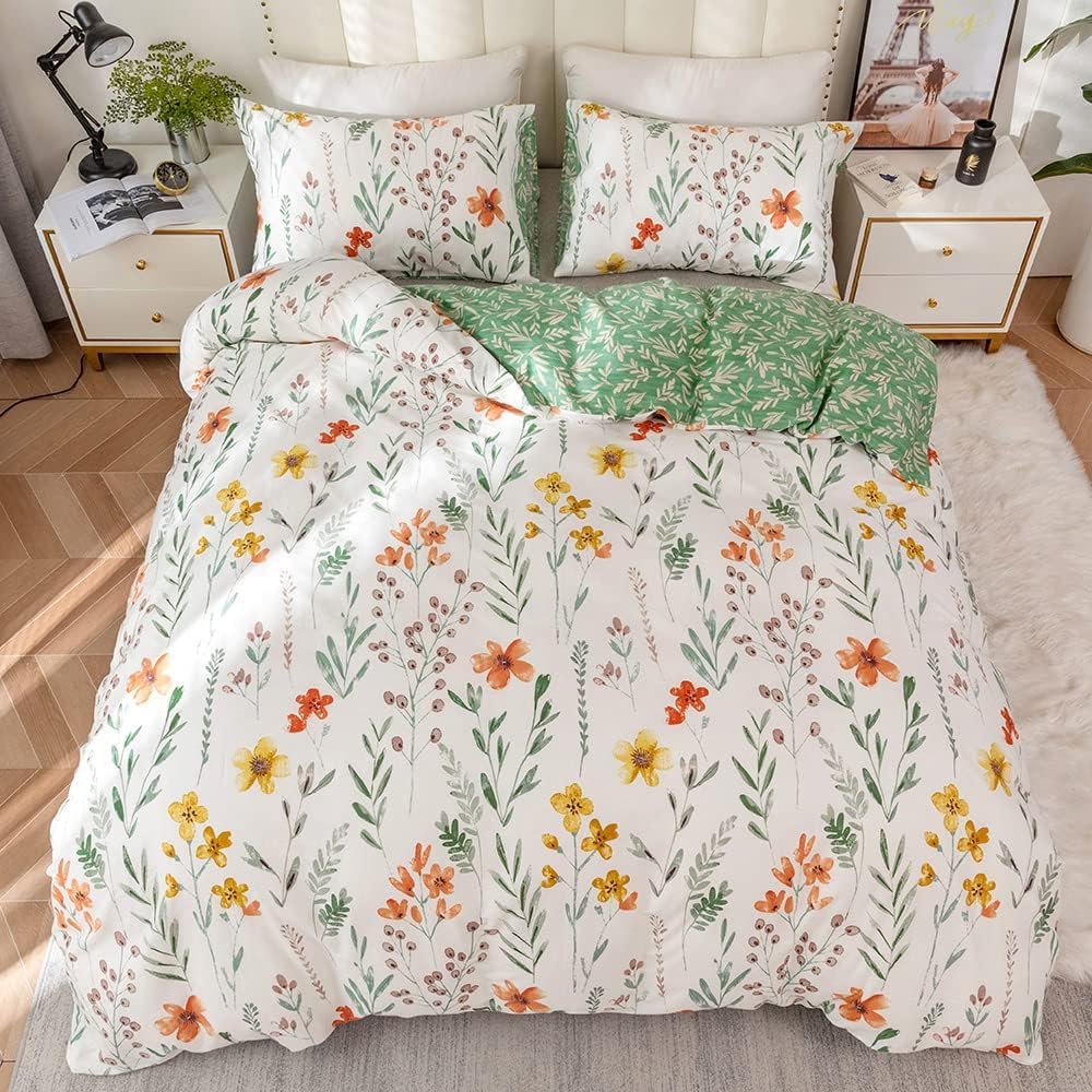 Housse de Couette 240 x 260 Coton Motif Fleurie Parure de Lit 100% Coton Imprimé Feuilles Vertes Adulte Parure Housse Couette 240x260 avec Fermeture Éclair 2 Personnes avec 2 Taies d'oreiller 65x65cm