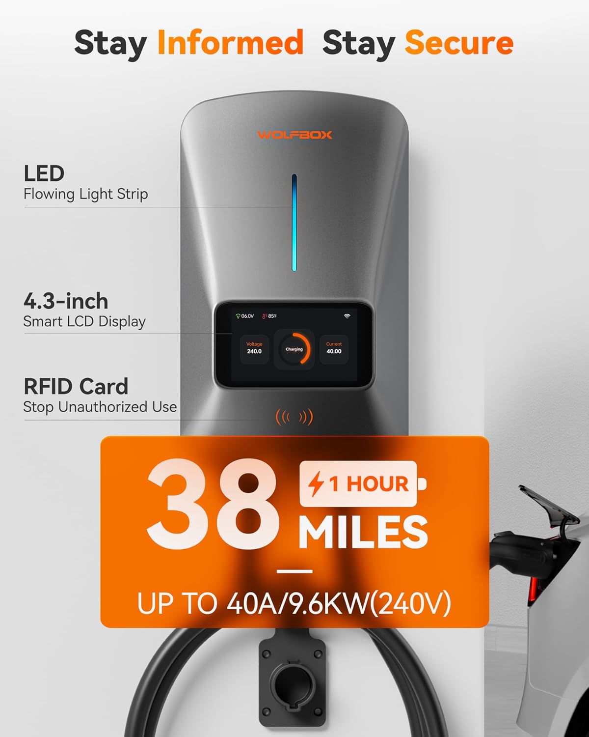 WOLFBOX Level 2 EV Charger 40amp - NEMA 14-50 EVSE with J1772 Connector - CSA Certified Wall Home EV Charger - 25FT Cable,Outdoor/Indoor,RFID Card,WiFi Enabled, 240V Electric Vehicle Charging Station