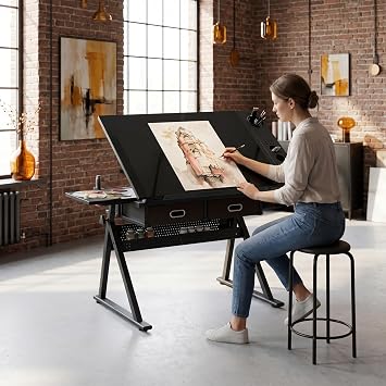 Drafting Table with Stool Height Adjustable Art Craft Desk with Storage, Tilting MDF Tabletop, Expansion Board, Drawing Table for Home Office, Artists, Painters Black