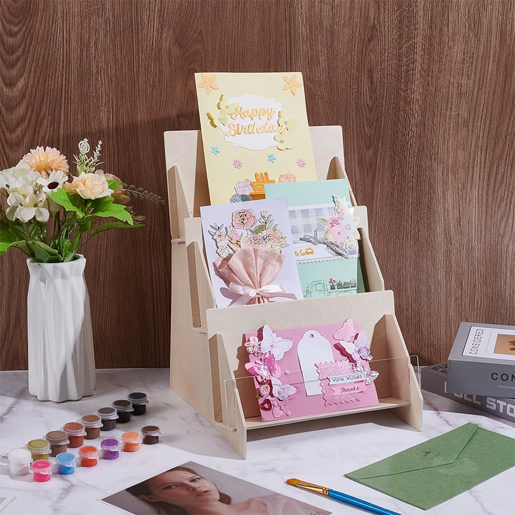 UNICRAFTALE 3 Tier Wood Greeting Card Display Stand for Vendors Acrylic Sticker Display Holder Portable Christmas Greeting Card Rack Storage Stamp Postcard Mail Greeting Card Holder for Bookmark