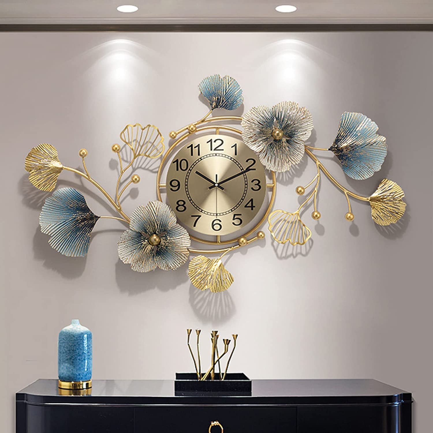 SaryEdge Wall Clock Modern Art Wall Clock Large Metal Ginkgo Leaves Wall Clock, Silent Non Ticking Operated Decor Clock with Arabic Numerals, for Living Room Bedroom Wall-A-,A-94x5,A-94x52cm