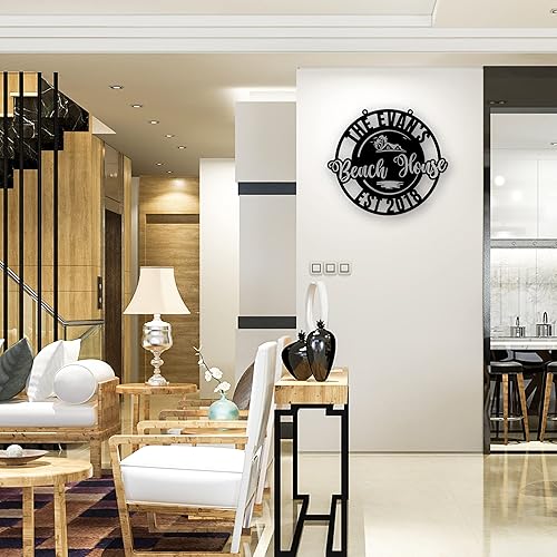 Miniatura 2 de Beach House - Letrero de pared de metal personalizado con fecha establecida, personalizado con apellido familiar y fecha de estado, colgador redondo