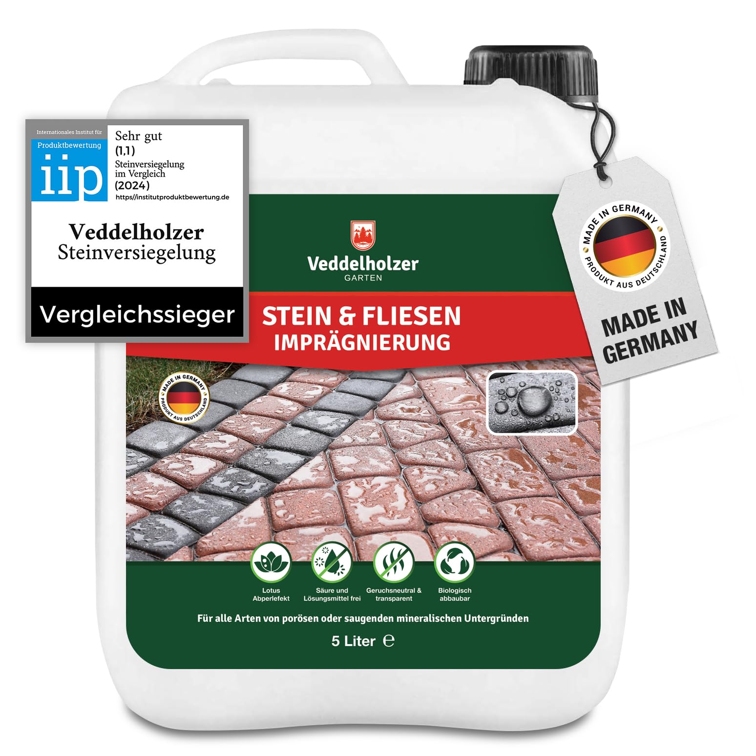 Veddelholzer 5 L Steinversiegelung, Steinimprägnierung Außen. Universell anwendbar für alle saugfähigen Oberflächen. Granit, Klinker, Naturstein, Terrassenplatten, Pflastersteine, Beton Versieglung.