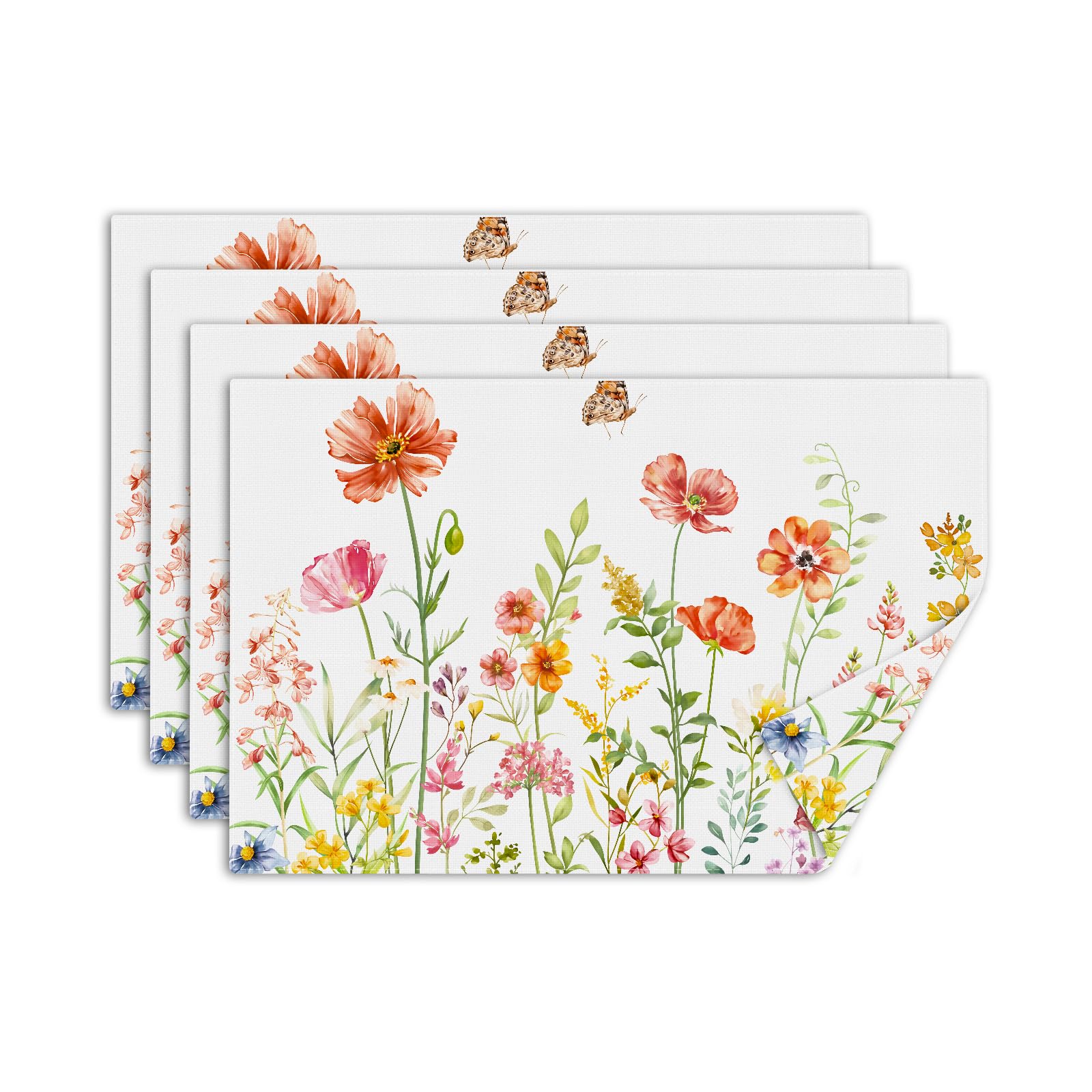 comfoyar Poppy Wildflower Table Placemats Set of 4, 45x30cm Washable Heat Resistant Green Leaf Place Mats, Absorbent Natural Watercolor Linen Table Mats for Kitchen Dinning Party Decoration