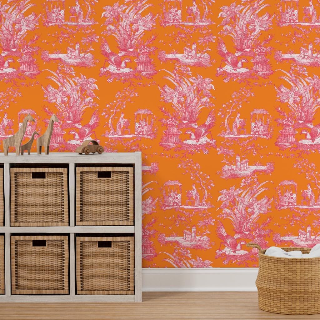 Peel & Stick Wallpaper 3ft x 2ft - Bright Orangechinoiserie Toile Pink Vibrant Chic Antique Inspired Custom Removable Wallpaper by Spoonflower