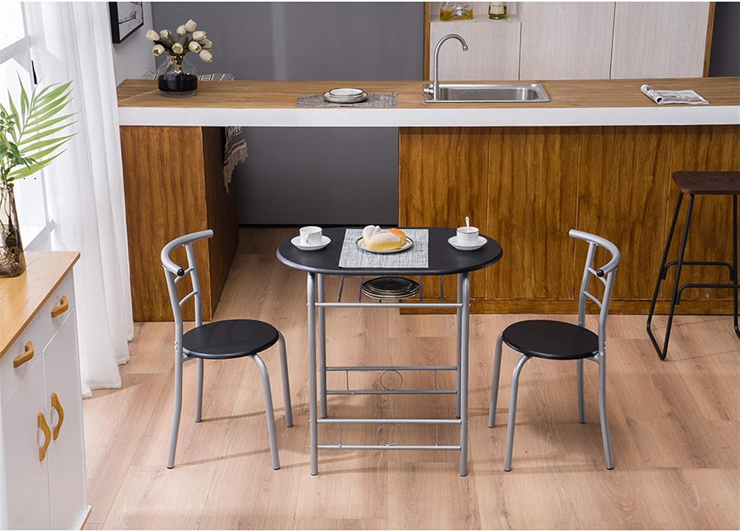 3-Piece Dining Room Table Set, Kitchen Table & Chair Sets for 2, Compact Table Set w/Steel Legs, Built-in Wine Rack for Breakfast Nook, Small Space, Apartment, Black, 31x20.75x29 (LxWxH)