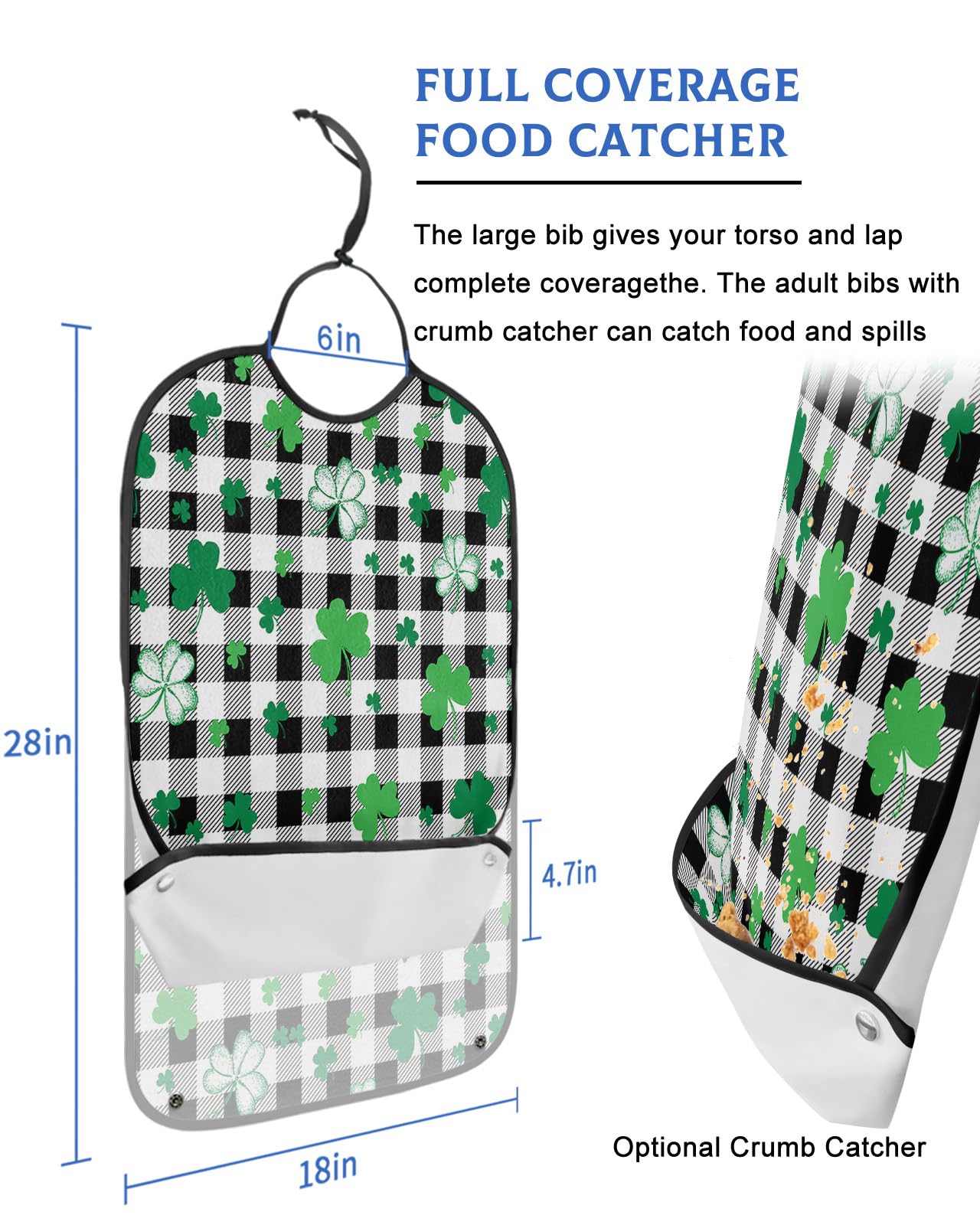 St. Patrick's Day Adult Bibs for Eating, Waterproof Bibs with Food Catcher & Adjustable Snap Closure, Green Lucky Clover on Black and White Buffalo Plaid Clothing Protectors Adult Bibs for Elderly