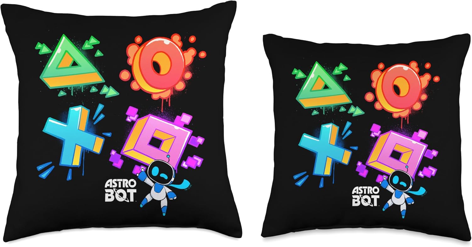 Astro Bot Rescue Mission Graffiti Style Buttons PlayStation Throw Pillow