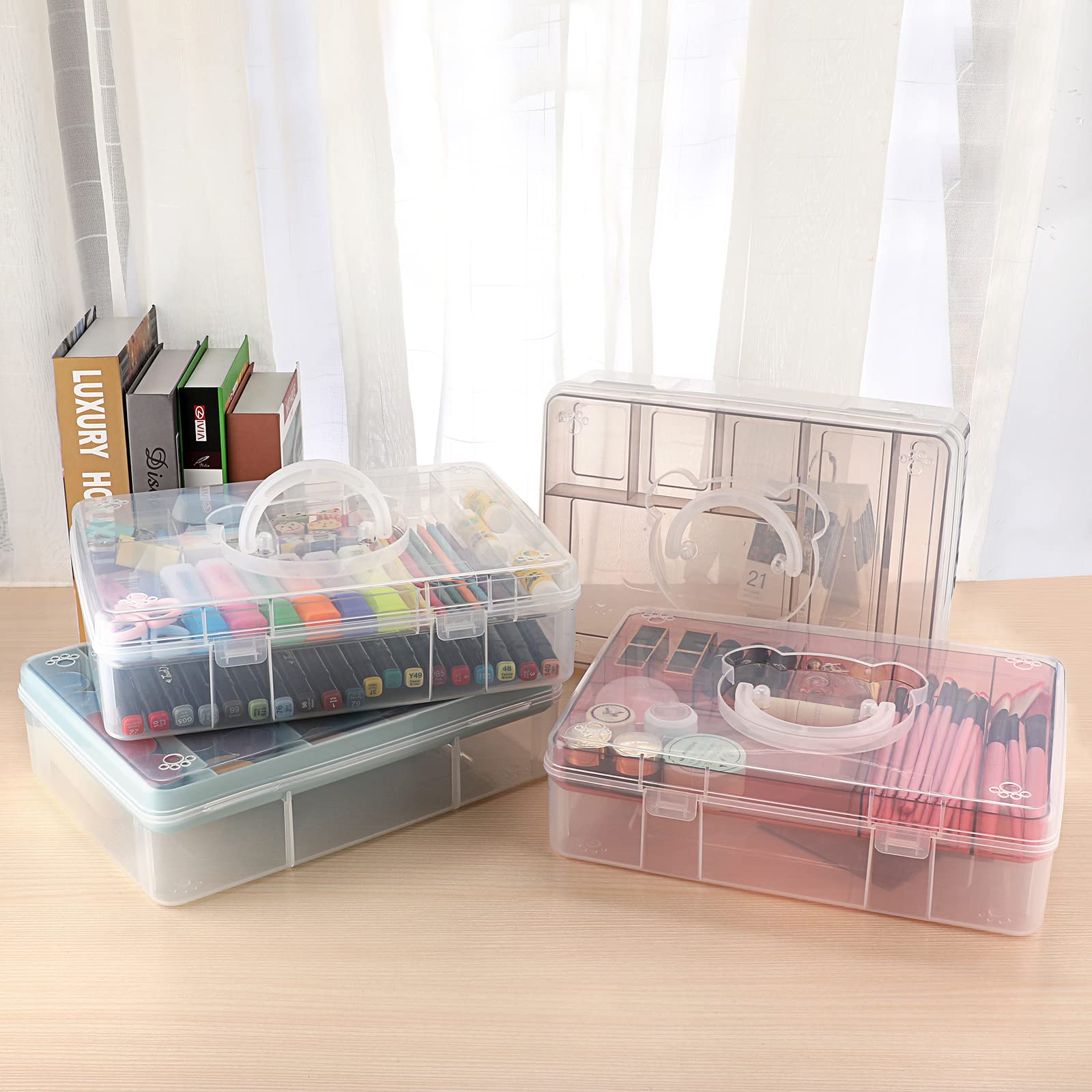 JuxYes Plastic Storage Box with Removable Tray, Handled Sewing Carry Box, Portable Tool Box Organizer & Storage Case for Art Craft, Cosmetic, Stationary, Clear Blue — view 7