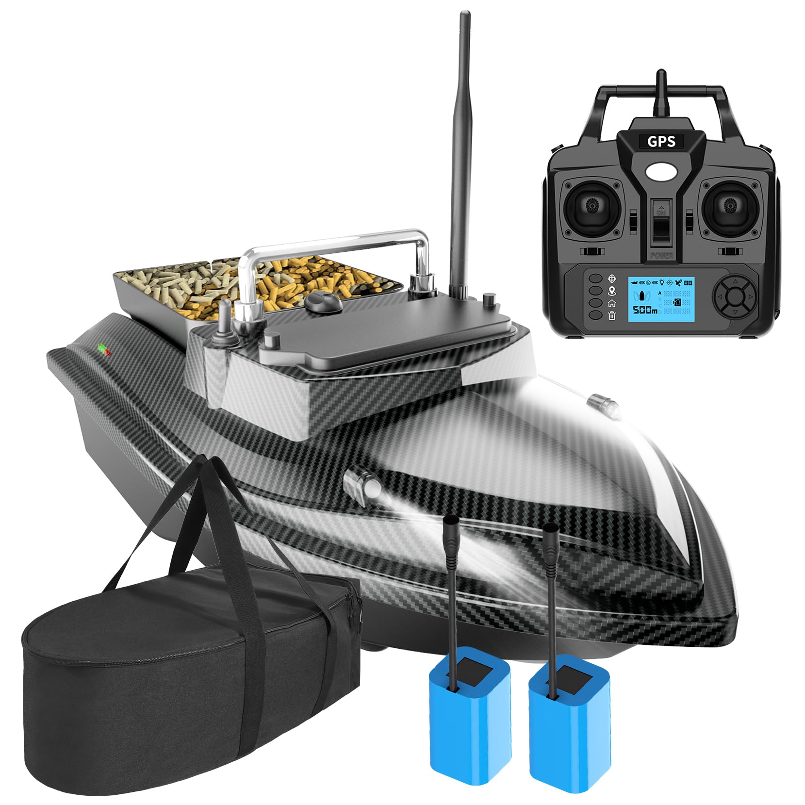 DYJD 500 m GPS Fishing Bait Boat with Bag RC Bait Boat 2 kg Night Fishing Bait Boat Remote Control Angel Nest Boat (Carbon Fibre Colour)
