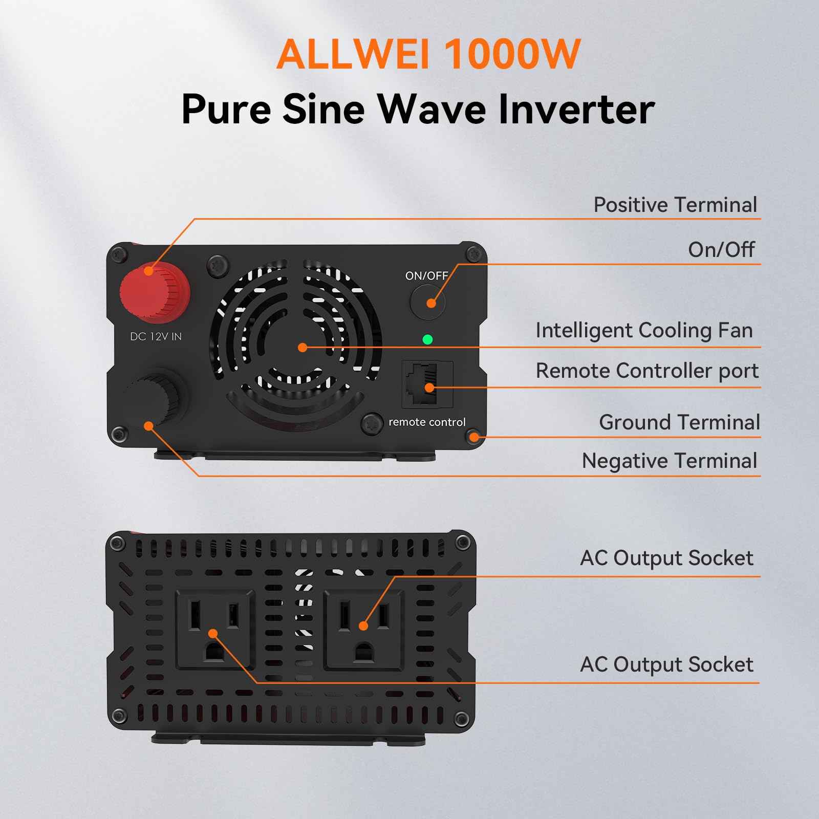 ALLWEI Inversor de onda sinusoidal pura de 1000 W, convertidor de 12 V CC a