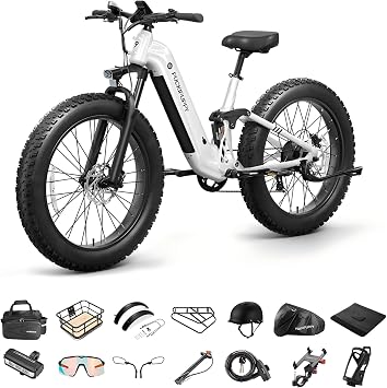 PUCKIPUPPY Electric Bike for Adults 960W+A Luxury Accessory Pack, 48V 20AH Battery Adult Electric Bicycles, 26" Fat Tire Full Suspension Step-Thru Ebike, 28MPH Mountain Ebike, 7 Speed, 80Miles Range