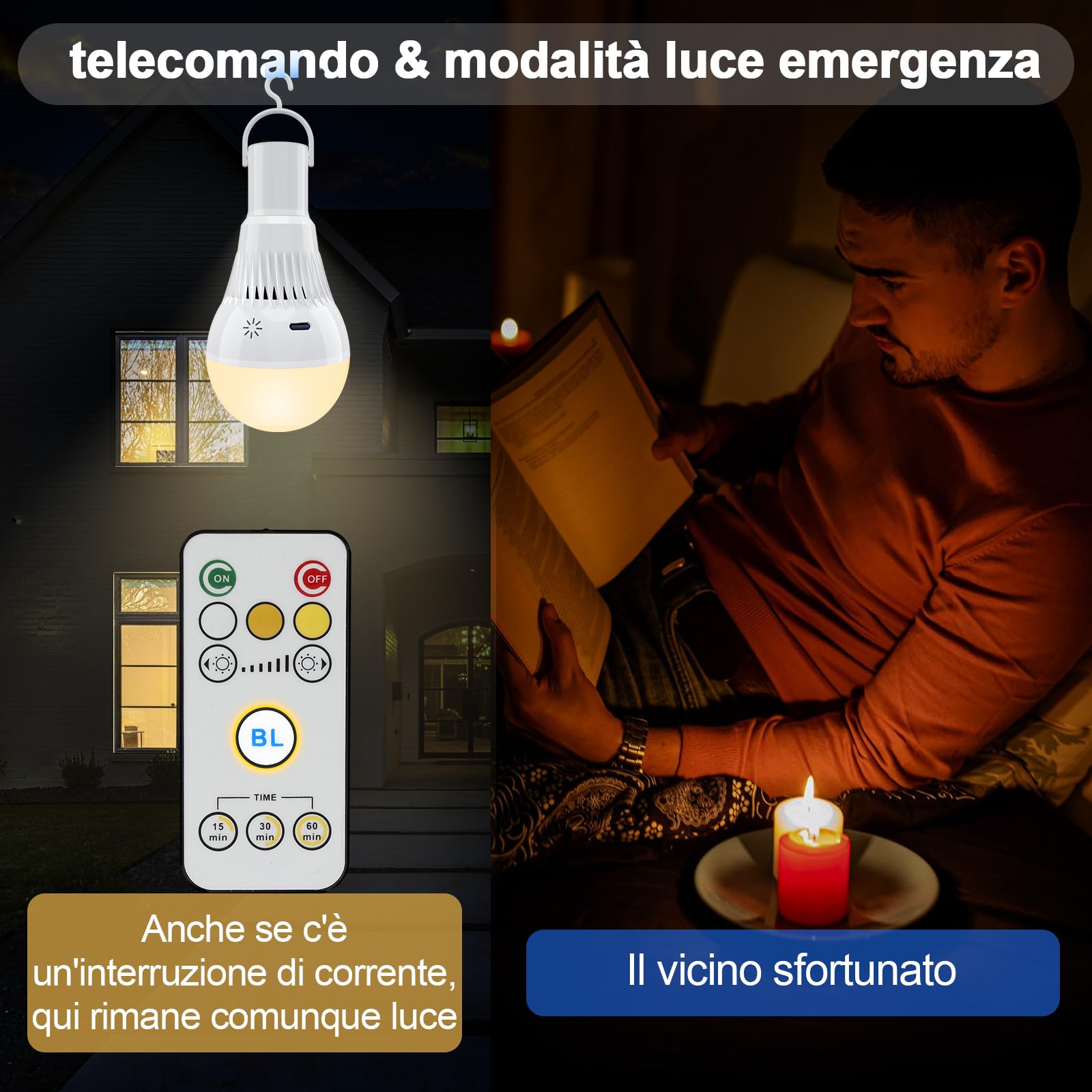 Lampadina Ricaricabile USB C Con Telecomando, 9W Lampadina Senza Fili Con 3 Colore, E27 Lampadina LED Dimmerabile Touch Control Con Timing, 3000mAh Luce di Emergenza Con Gancio per Casa ed Esterni