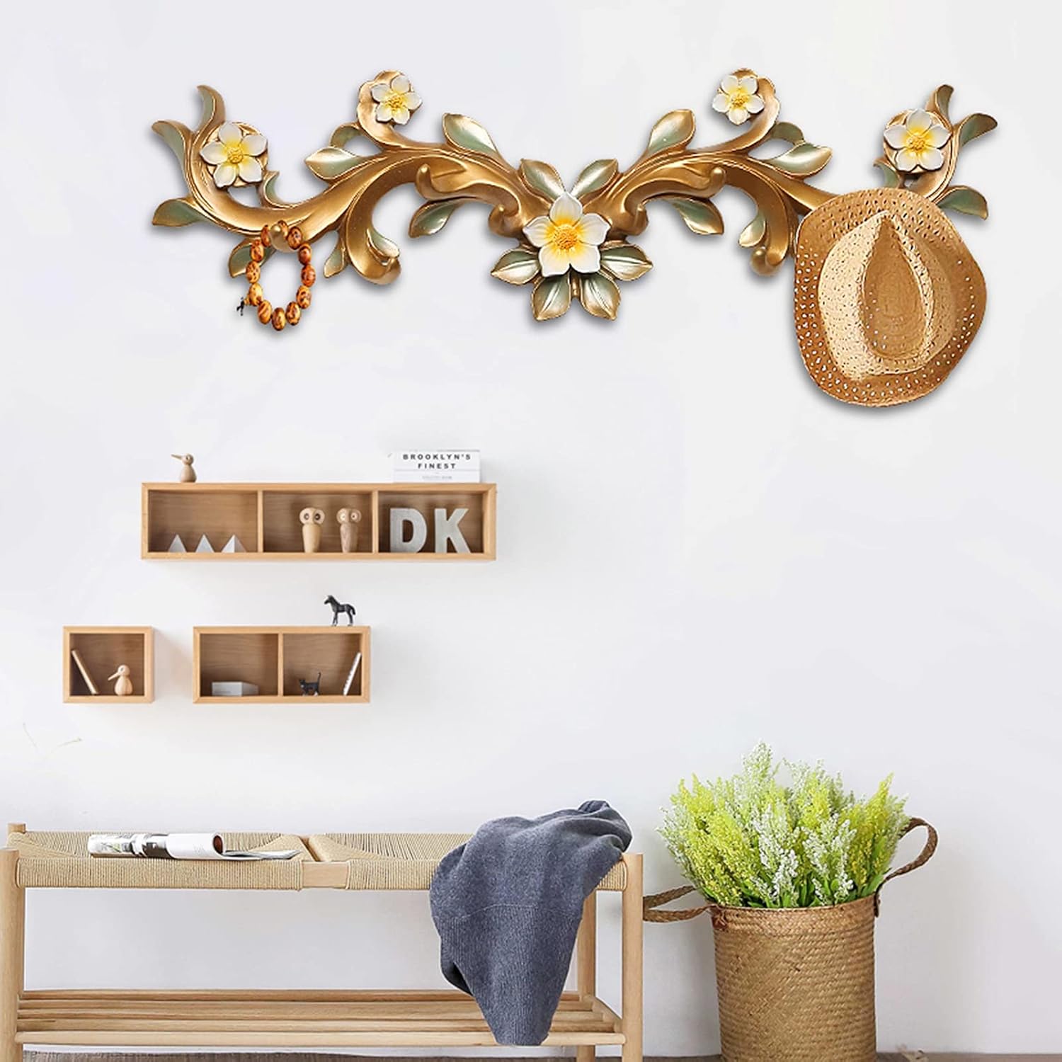 Wall-Mounted Coat Rack American Antler Coat Rack Wall Mounted Coat Hook with 8 Hooks Resin Flower Wall Decoration for Living Room Bedroom Corridor. Coat Rack Hooks