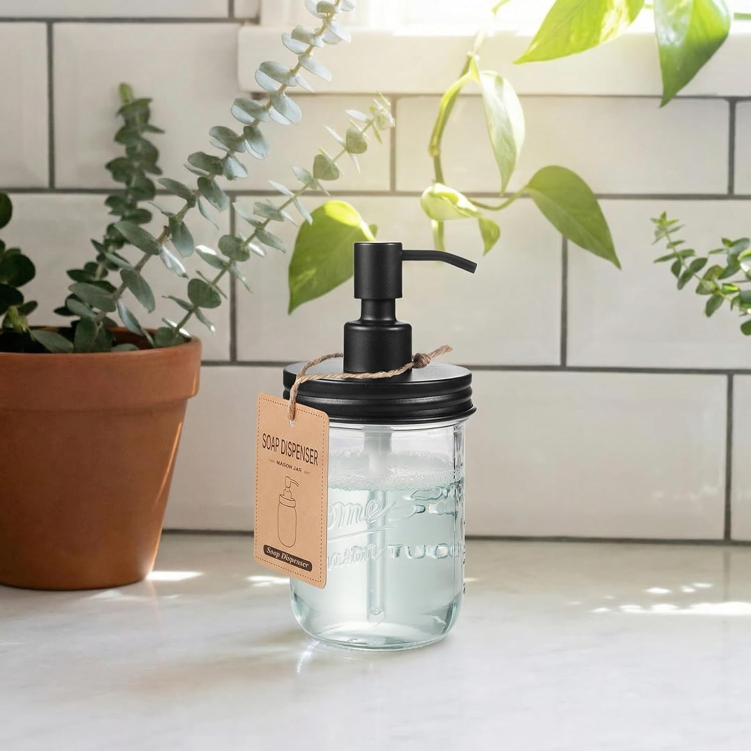 SheeChung Mason Jar Soap Dispenser, Dish Soap Dispenser Kitchen, Stainless Steel Pump Lid, Glass Hand Soap Dispensers for Bathroom Countertop, Liquid, Lotion, Refillable, Farmhouse Decor (2, Black)