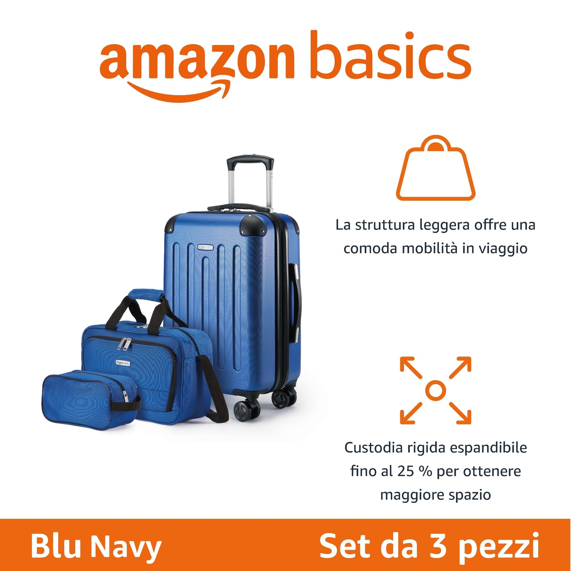 Amazon Basics Set di Valigie Rigide, 3 pezzi, Trolley, Borsa a mano, Borsa da viaggio compatta, Espandibili, 4 Ruote Girevoli, Blu Navy