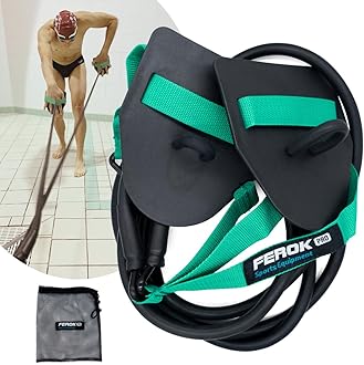 Swimming Resistance Band with Hand Paddles, Stretch Cord, Fitness Bands for Swimming, Training Equipment, Arm Strength Exercise, Powercord - Including Exercises - Medium Green