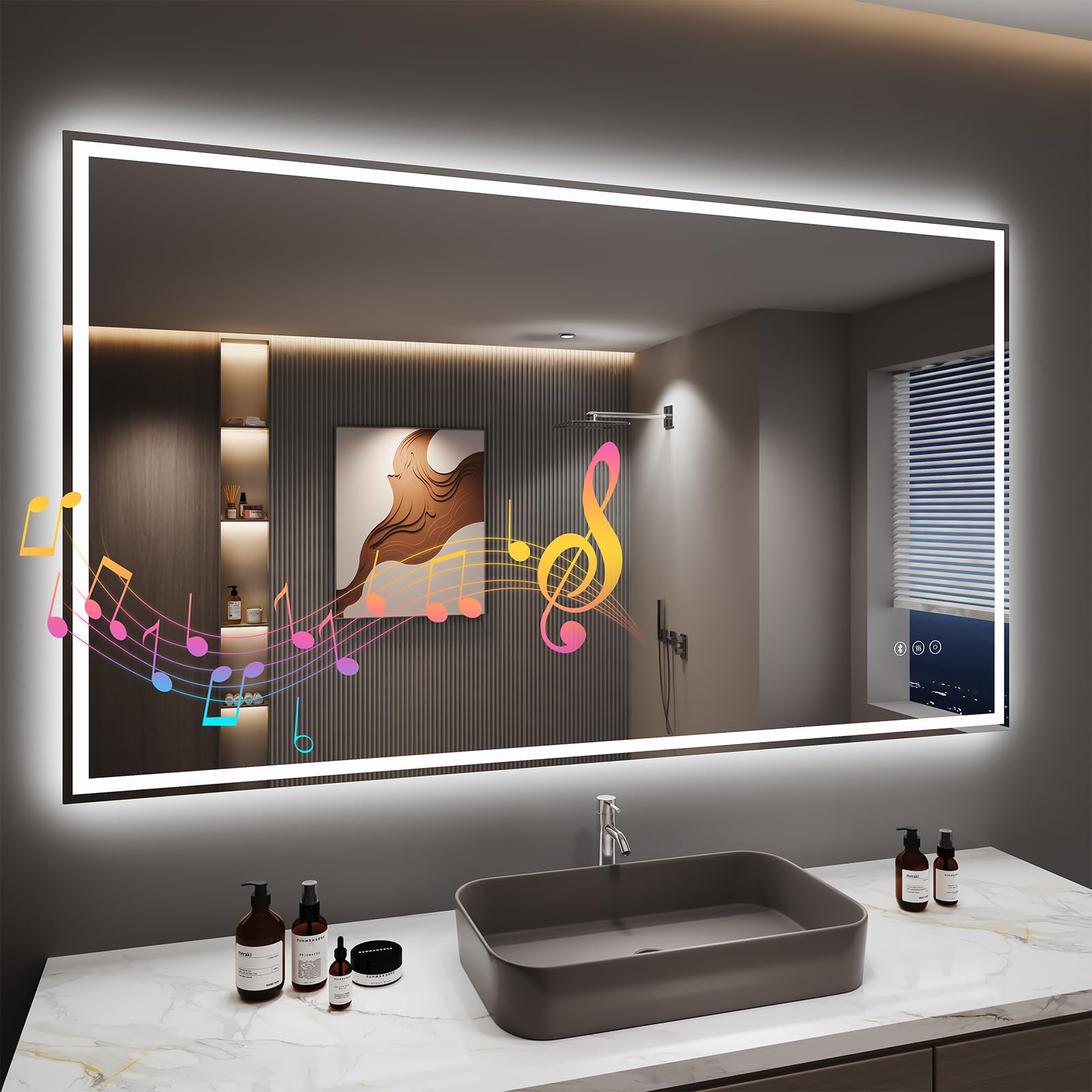 Dripex Badspiegel mit Beleuchtung Led Spiegel mit Bluetooth-Lautsprecher und Steckdose, Dimmbar, 3 Lichtfarbe Einstellbare Badezimmerspiegel mit Beleuchtung, Beschlagfrei 70 x 120 cm