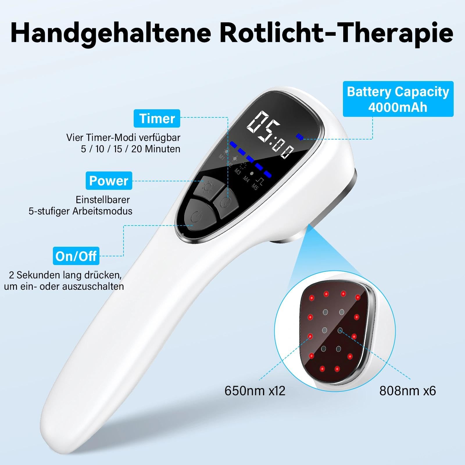 Dispositivo Luce Rossa 650nm & 808nm con Supporto – Lampada Infrarossi Portatile Senza Fili con 5 Modalità e Timer, Dispositivo Benessere per Relax Muscolare, Schiena, Collo, Sport e Uso Domestico