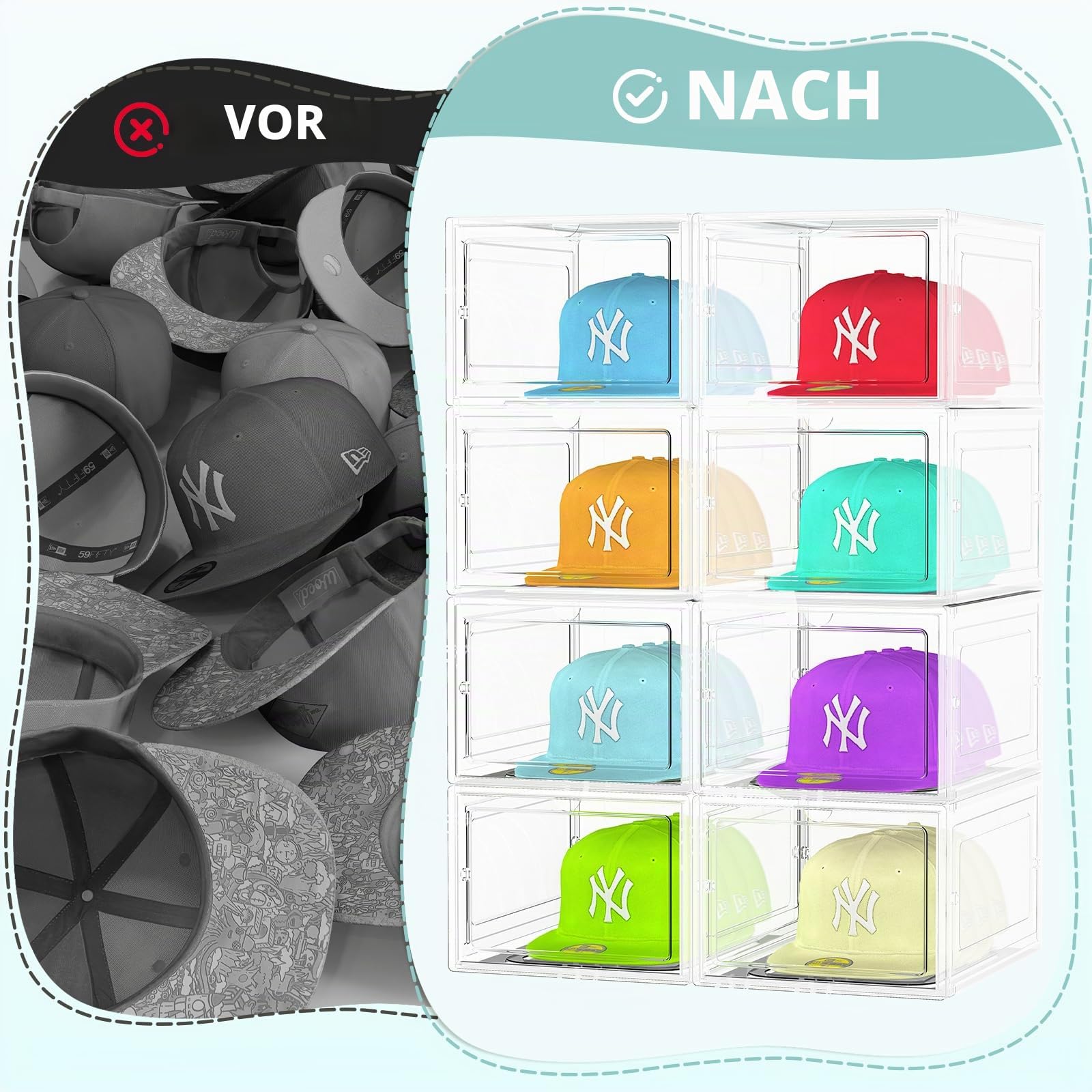 SCAVATA Hut-Organizer-Box, stapelbar, transparent, für Baseballkappen, Behälter mit magnetischer Tür für Hüte, Snapback-Kappen-Aufbewahrung, Hutständer, Vitrine, hält je 8 Hüte (transparent)