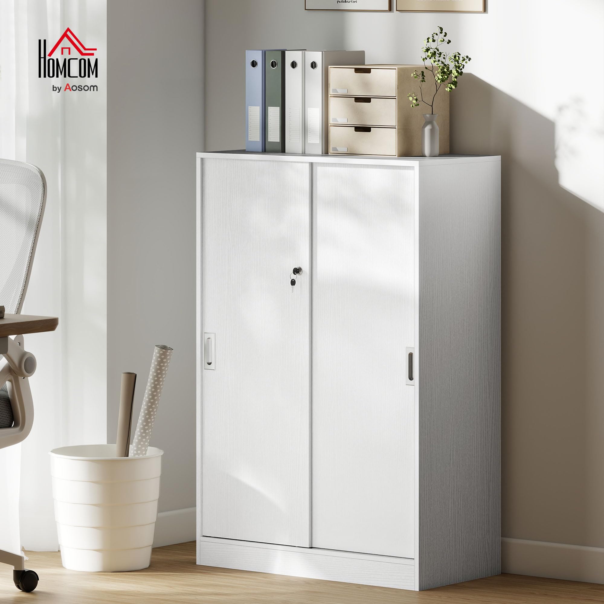Vinsetto Armadietto da Ufficio a 3 Ripiani con 2 Chiavi di Sicurezza, Mobiletto da Ufficio in Truciolato, 80x40x120 cm, Bianco
