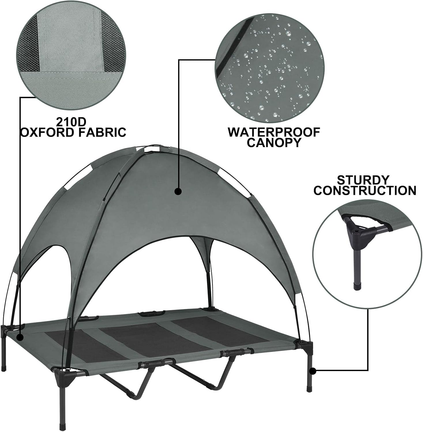 Outdoor Elevated Dog Bed with Removable Canopy, 48" XLarge Cooling Raised Pet Cot for Outdoor Camping, Waterproof Canopy, Durable Oxford Fabric, Portable Pet Bed (Large Gray)