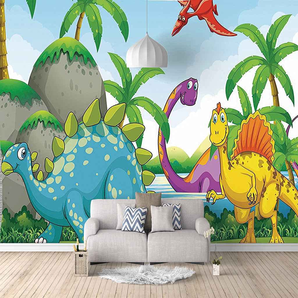 Papier peint panoramique dinosaure bleu en toile textile premium