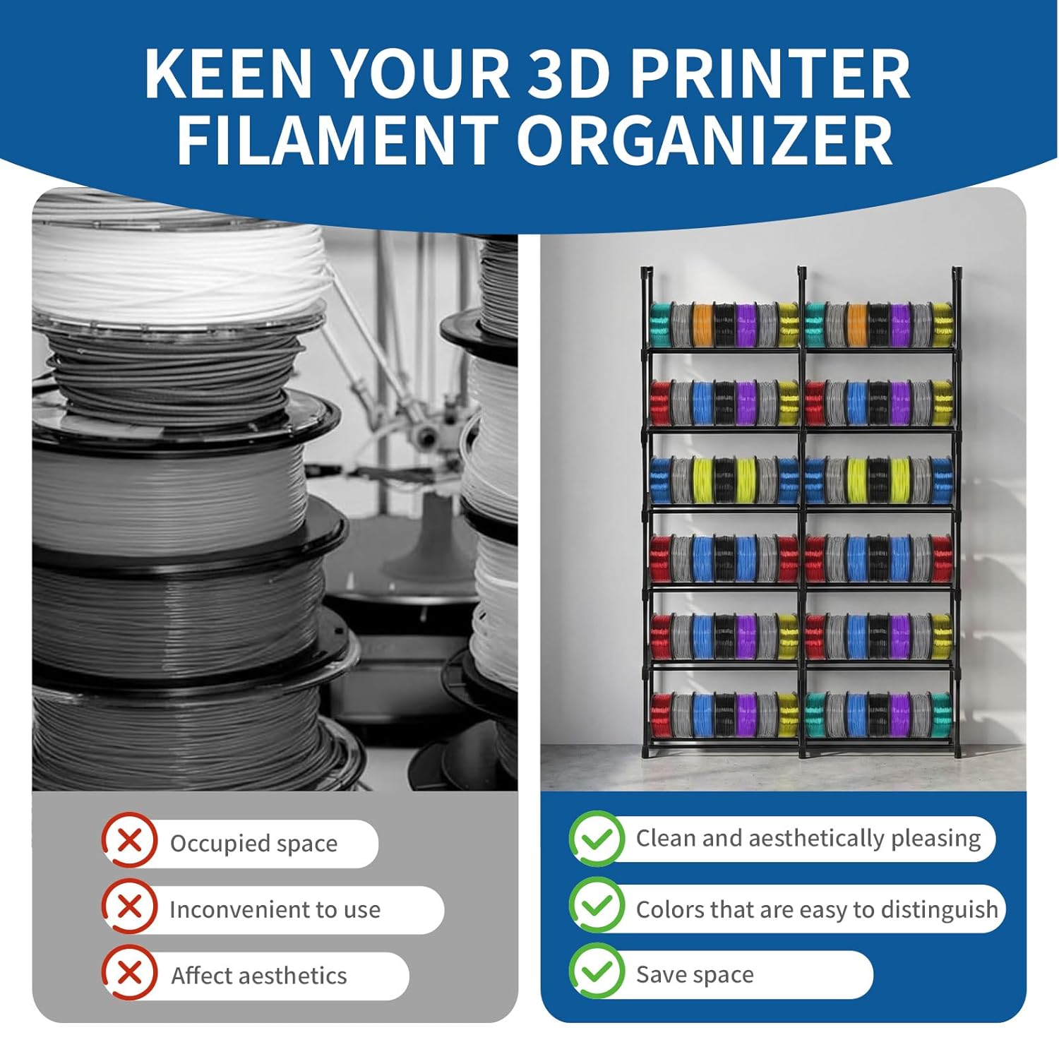 8-Tier 2-Column Modular 3D Printer Filament Storage Rack, 33.4" x 11.8" x 80.3" Metal Filament Spool Holder & Organizer, Holds 96 Spools(1kg), for Home Office Workshop, Tool-Free Assembly