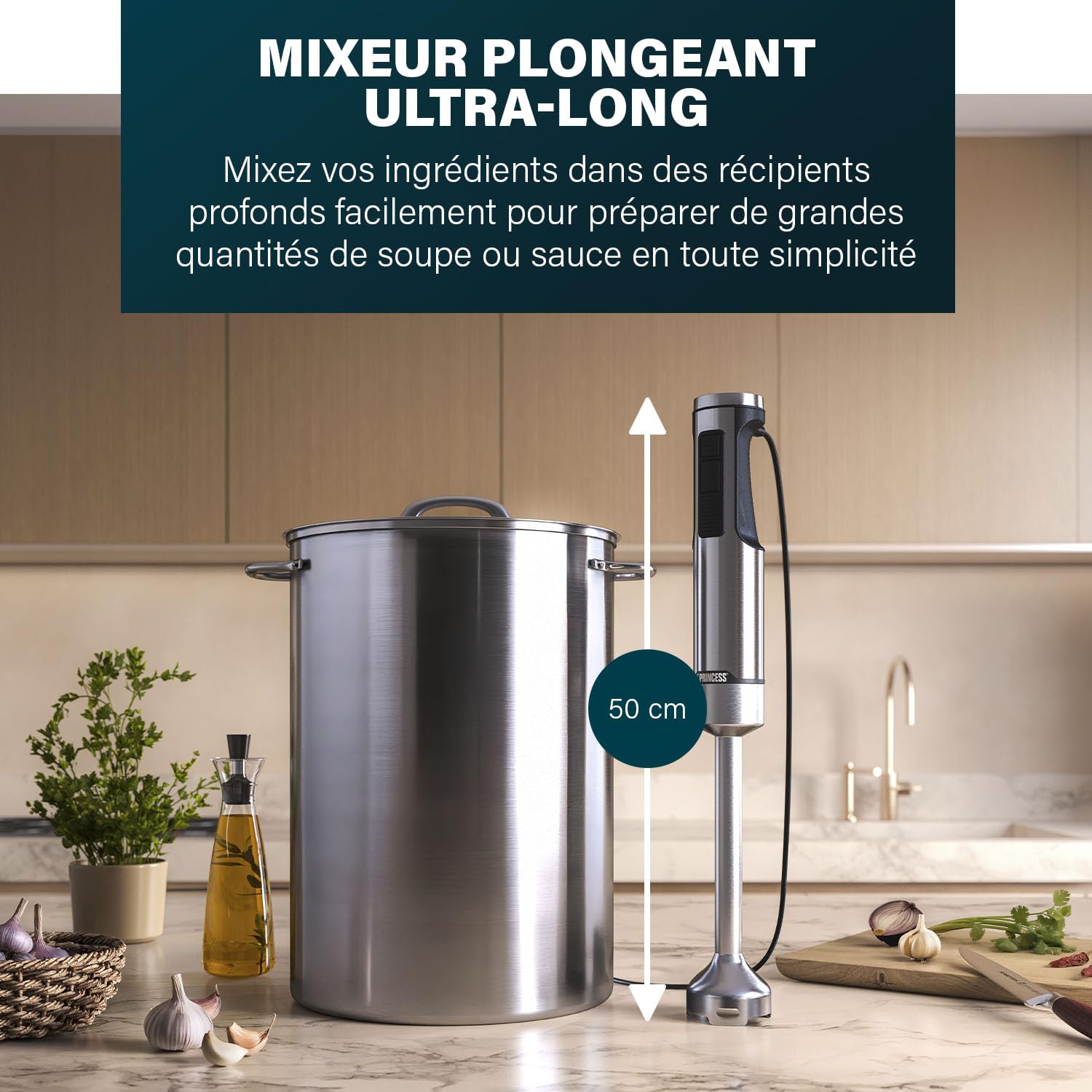 Princess Mixeur Plongeant Prof XXL, Inox, 1500W, Pied Extra-Long 50 cm, 5 Vitesses + Turbo, 4 Lames, Gobelet avec Couvercle Antidérapant, Pièces Lavables Lave-Vaisselle, 221233