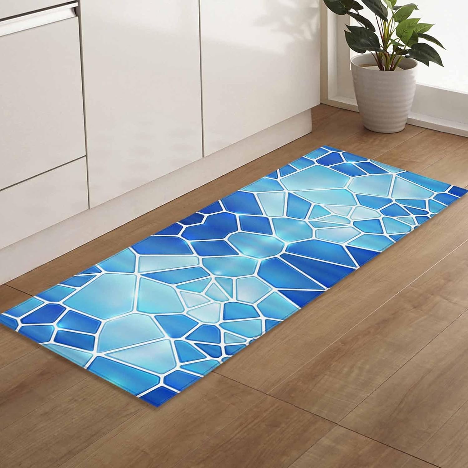 Teamery Kitchen Mats for Floor Abstract Geometric Blue Ombre Washable Non Slip Kitchen Rugs 1PCS, Modern Watercolor Art Absorbent Standing Mats for Sink Bathroom Office Living Room 15.7x47.2in