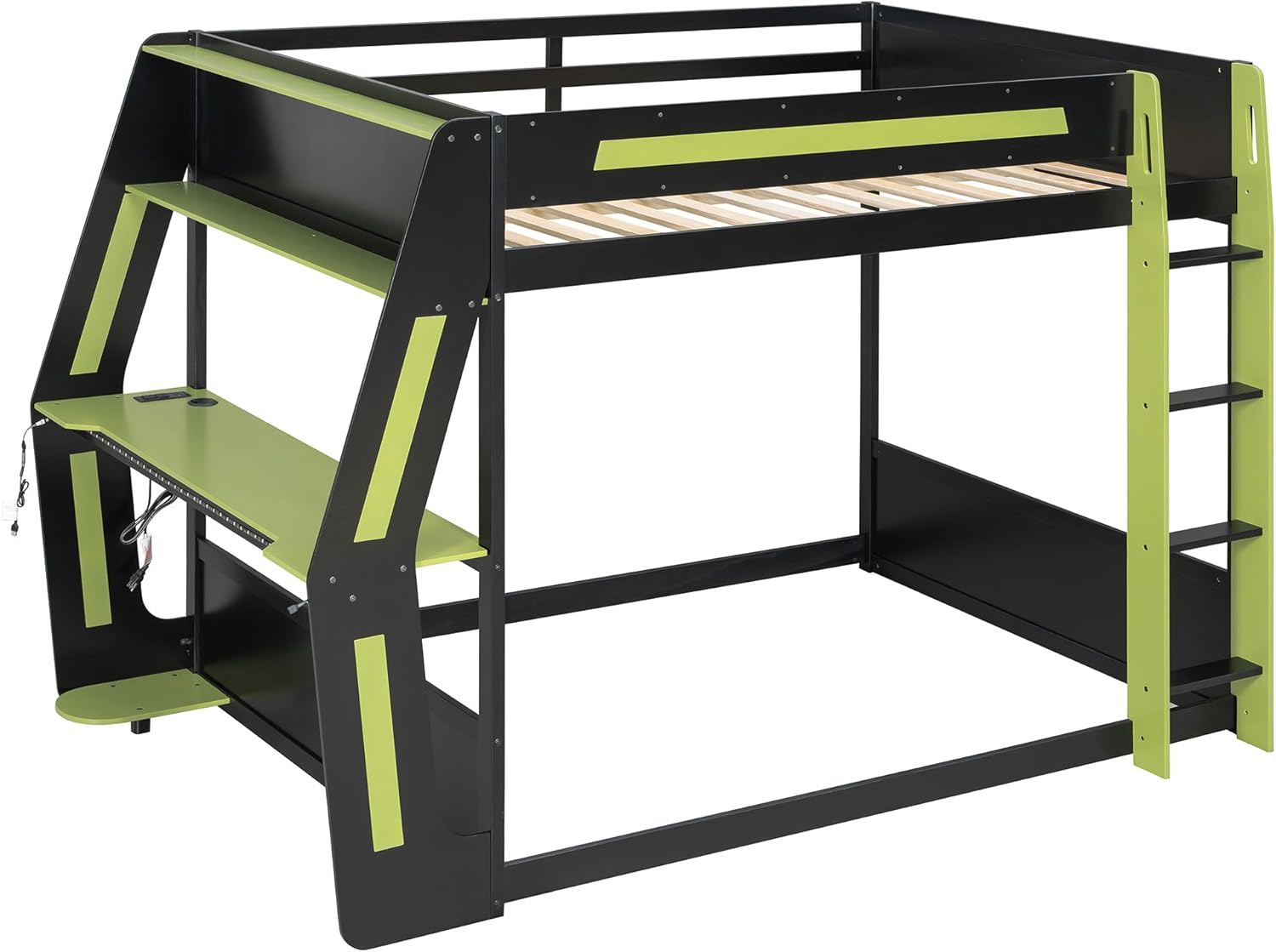 Full Size Wood Gaming Bunk Bed with Desk and Storage Shelves, Full Size Loft Bunk Bed with RGB Lights and Charging Station, Wooden Bunk Bed for Gaming Setup for Boys Teens Adults, Green
