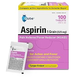 Globe Aspirin Tablets, 325 mg - 100 Count, Single Use Packets, NSAID Pain Relief, Pain Reliever & Fever Reducer, Arthritis Pain Relief, Headache Relief, Migraine Medicine Aspirin Pain Reliever.