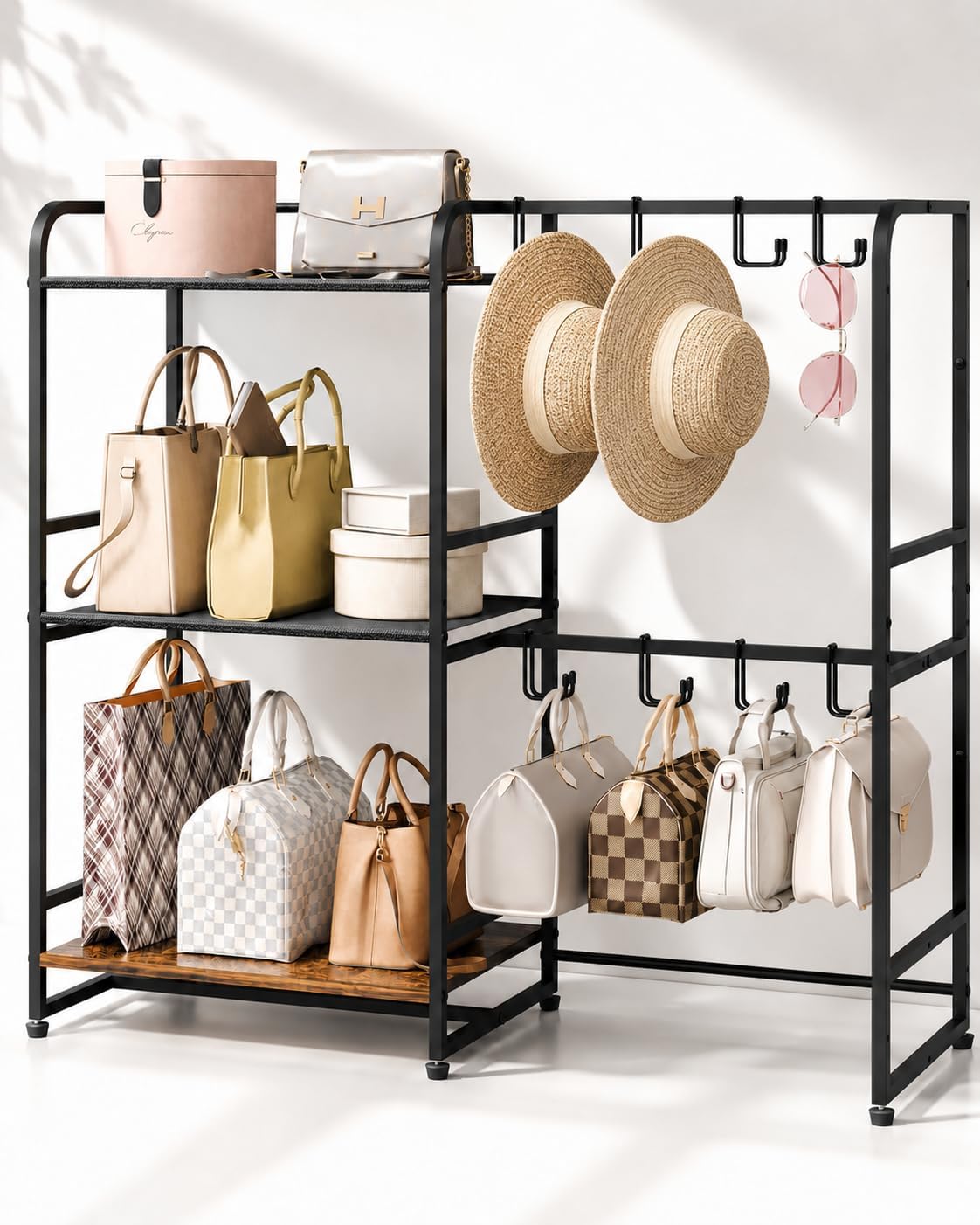 Large Purse Organizer, 3-Tier Purse Rack, Wall Mount or Freestanding