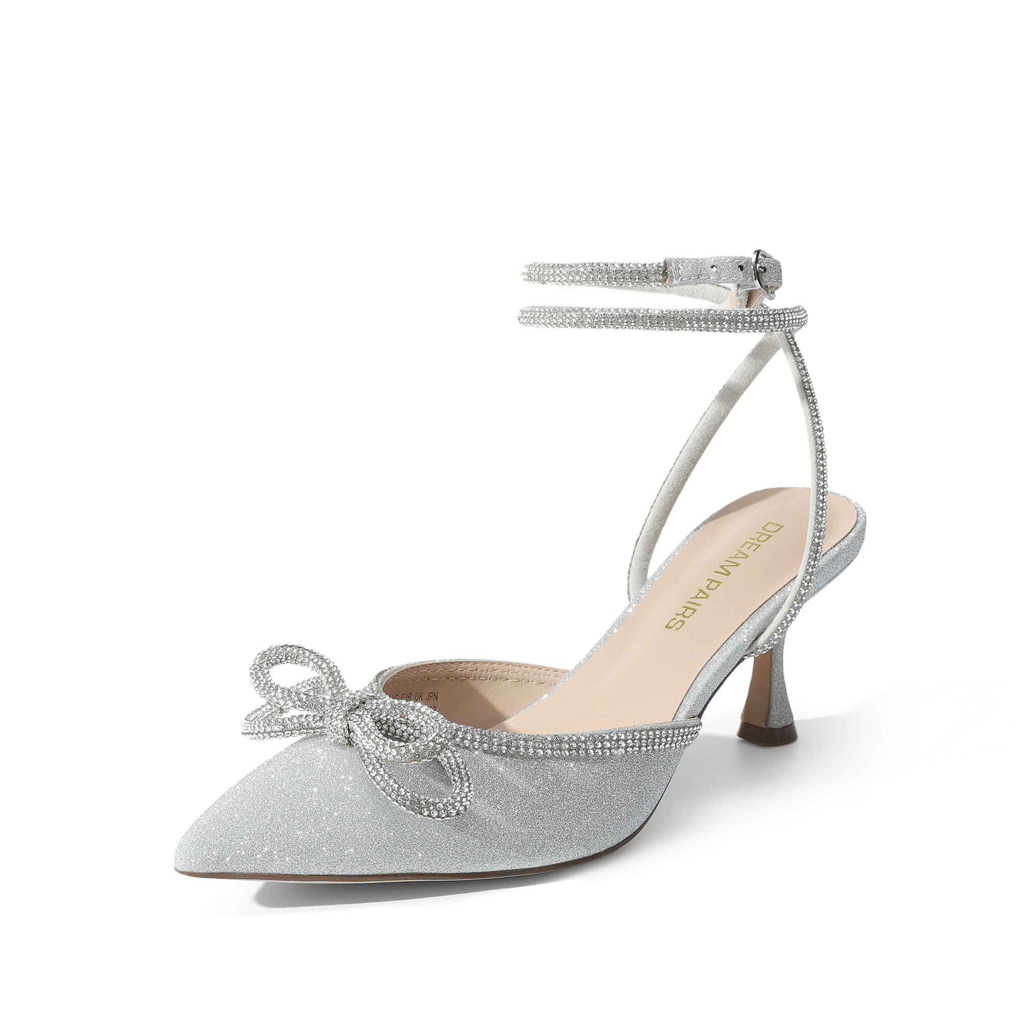 DREAM PAIRS Decollete Donna Tacco Spillo Fiocco | Tessuto glitter o satinato, fiocchi con strass, tacco kitten 7 cm, punta affusolata, cinturino regolabile.