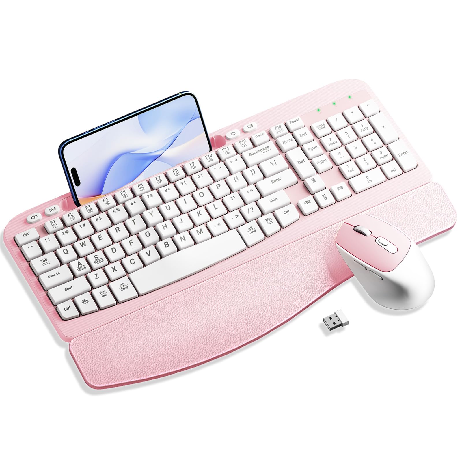 Wireless Keyboard and Mouse Combo, Wave Keys Computer Ergonomic Keyboard with Cushioned Plam Rest, Phone Holder, 2.4GHz Silent 6 Button Wireless Mouse