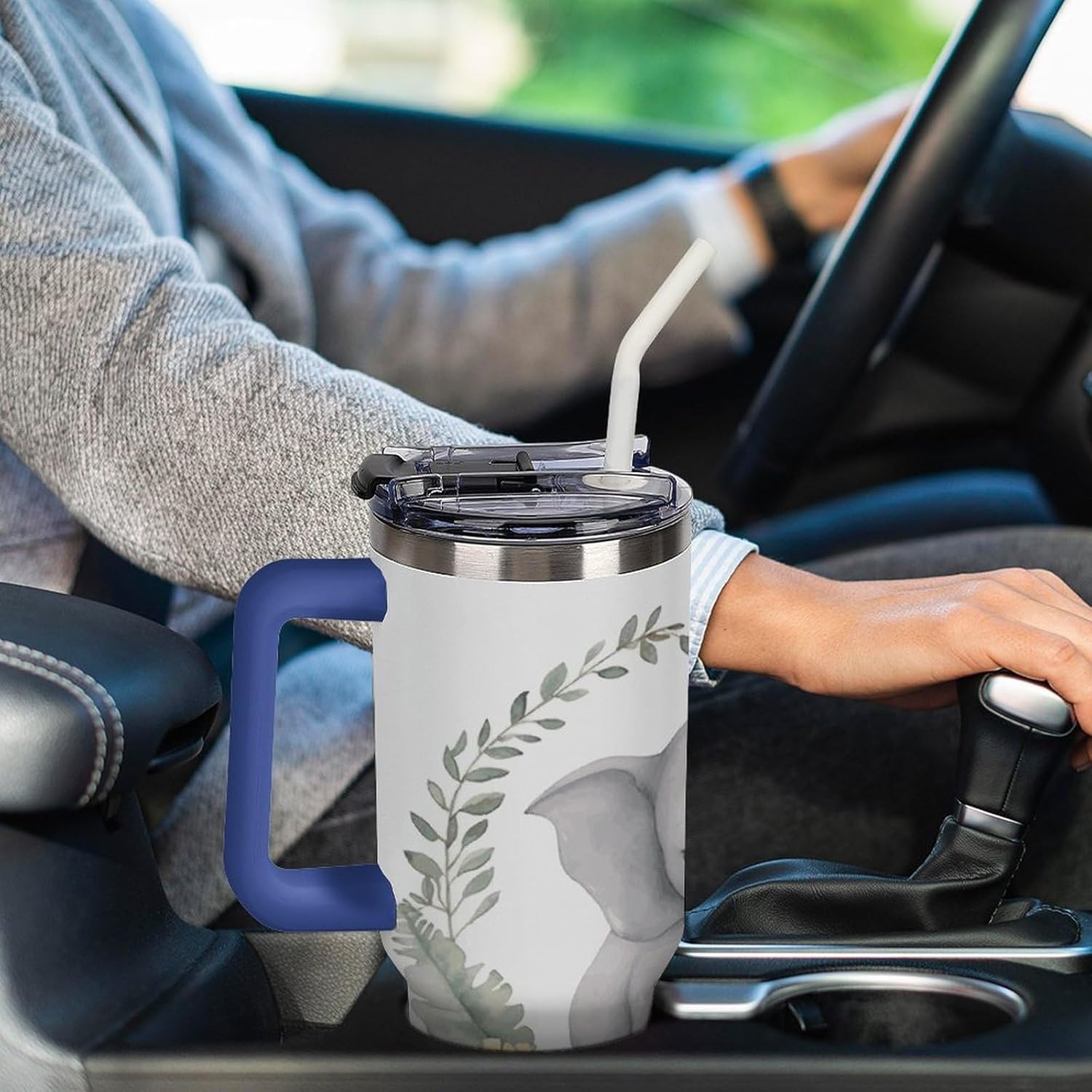 40 Oz Insulated Mug with Handle, Stainless Steel Cute Elephant with Wreath And Little Duck Printed Travel Mug Portable Leak-proof Large Car Mug for Home, Office Or Car