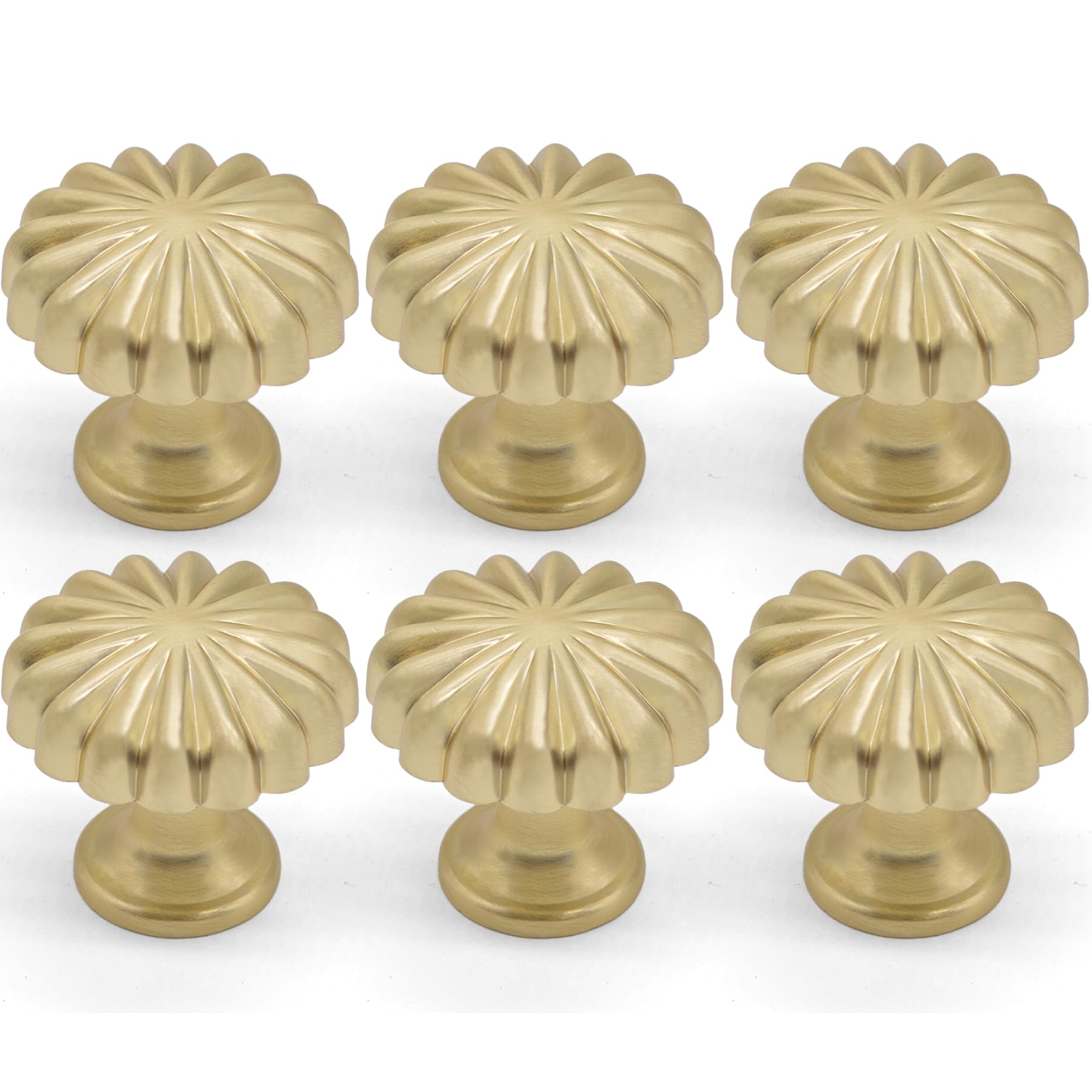 FIRSORCA 6 Pack Brushed Brass Cabinet Knobs Pulls Vintage Cupboard Dresser Knob Modern Simple Gold Drawer Handles Single Hole Pumpkin Knobs
