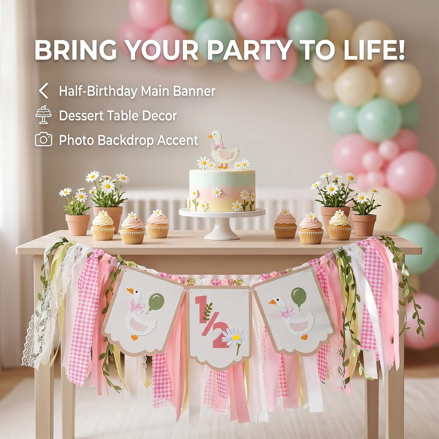 Goose Half Birthday Highchair Banner - Goose 1/2 Birthday Highchair Banner for Baby Girl,6 Month Birthday Decorations for Girl, 6 Month Milestone Cake Smash Photo Prop