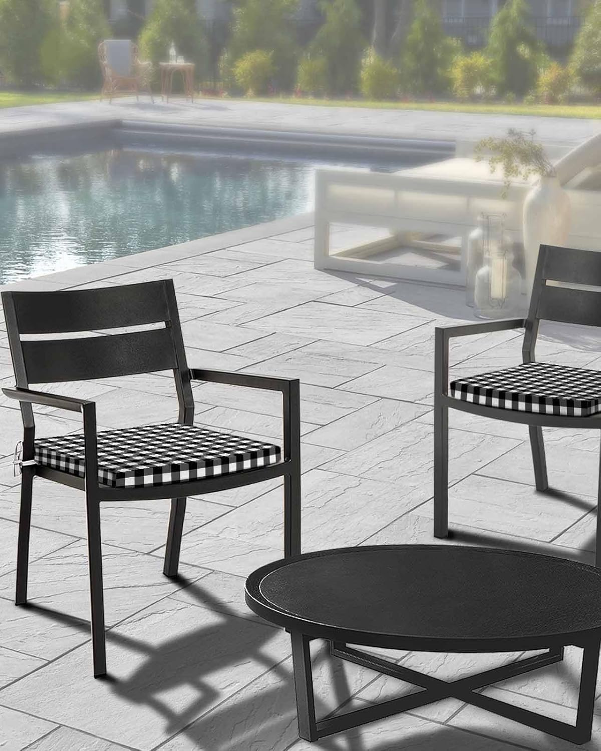 Outdoor Waterproof Cushion Covers Black White Buffalo Check Replacement Stretch Seat Slipcover for Patio, Classic Plaid Stripes Chair Couch Sofa Covers Furniture Protector Set of 2,20x18IN