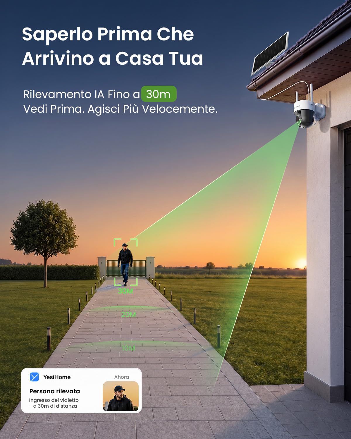 YESYAMO 4MP AOV Telecamera WiFi Esterno con Tracciamento Automatico | Monitoraggio Continuo 24/7 Telecamera Solare 360° PTZ con Rilevamento AI 30m, Batteria 9000mAh, Allarme Sono/Lumière, 2,4GHz