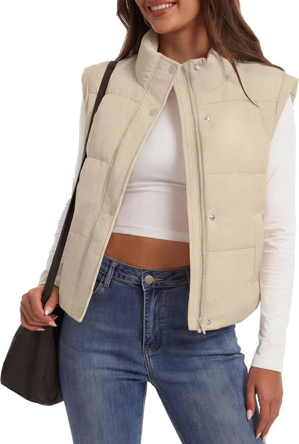 SMENG Womens Puffer Vest Sleeveless Cropped Stand Collar Button Zip Up Slanted Shoulder Warm Outerwear